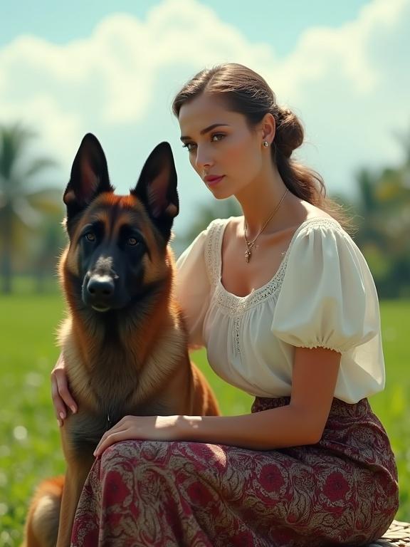 A colonial-era scene in the Dutch East Indies with a light-skinned woman sitting beside a fierce-looking dog. The woman wears a white blouse and a traditional batik sarong. She looks tenderly at the viewer. The setting is a rural plantation field under a bright, partly cloudy sky. The image conveys nostalgia and cultural elegance.