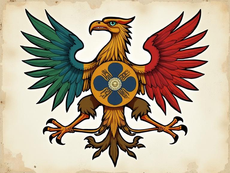 An eagle emblem with red and green wings, a central shield, and a detailed design. It symbolizes unity among countries. The eagle represents strength and authority.