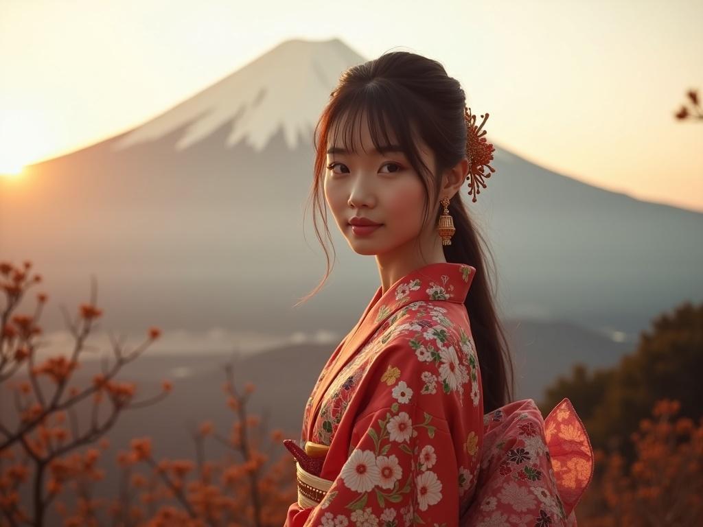 A beautiful young woman wearing a traditional Japanese kimono against Mount Fuji during golden hour with soft natural lighting. She has a sleek ponytail with side-swept bangs and a serene expression.
