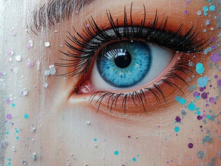 Close-up of an exquisite human eye featuring brilliant blue iris. Mixed media artwork blending oil textures with splashes of milk, digital elements, and collage materials like jute and wood. Textured impasto technique creates depth. Glittering confetti and scratches enhance surreal visual appeal. Silver bioluminescence adds a magical touch.