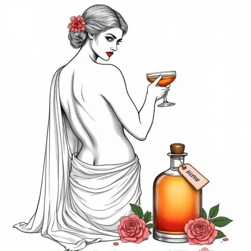 Highly detailed line art of a beautiful goddess offering a toast with a cocktail glass. Shirtless with a silk wrap. Flower in hair. Looking over shoulder. Minimalistic style. White background. Apothecary bottle nearby. Inner glow of bottle. Elegant hang tag with name 'ALFRUNO'. Surrounded by roses and green herbs.