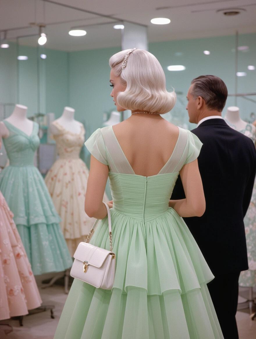Back view of a woman with platinum blonde hair in a pale green chiffon dress. She carries a white purse. An older man in a suit stands beside her. Setting is a dress boutique with elegant decor.