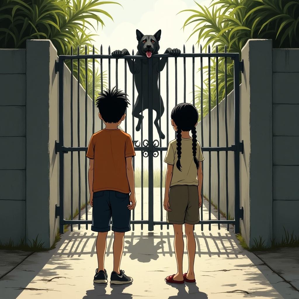 Two children stand in front of a closed iron gate. A boy with neat haircut in short pants stands behind a girl with braided pigtails. They look at a big black dog who is jumping at the gate. The scene conveys curiosity and a hint of fear.