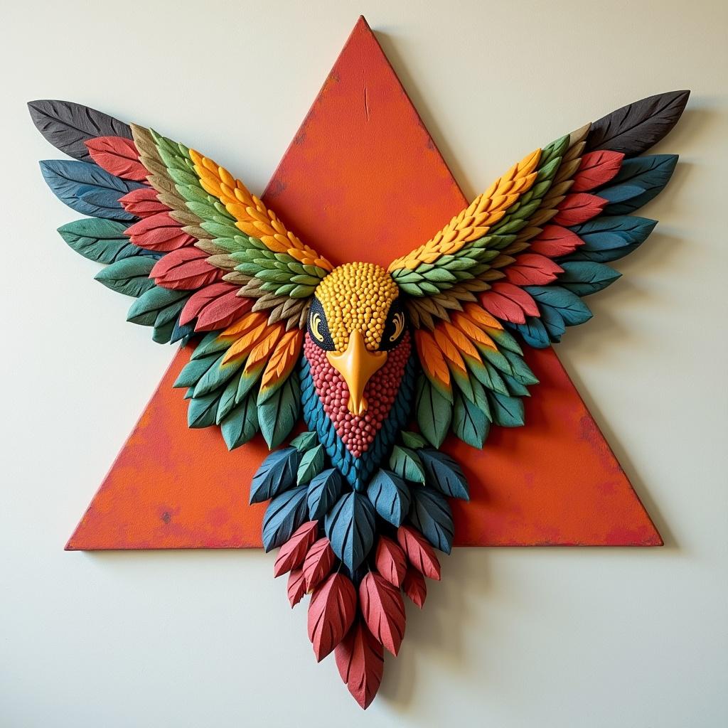 The image features a stunning wall art piece with a multi-colored bird design that integrates an agricultural theme. The artwork prominently showcases a vibrant bird surrounded by colorful, stylized leaves. It is styled in a triangular shape with a backdrop of warm red blending into shades of green, blue, and yellow. The intricate details in the bird's feathers highlight the artist's craftsmanship. This piece could inspire themes of nature, growth, and cultural appreciation, ideal for interior decor or art exhibitions.