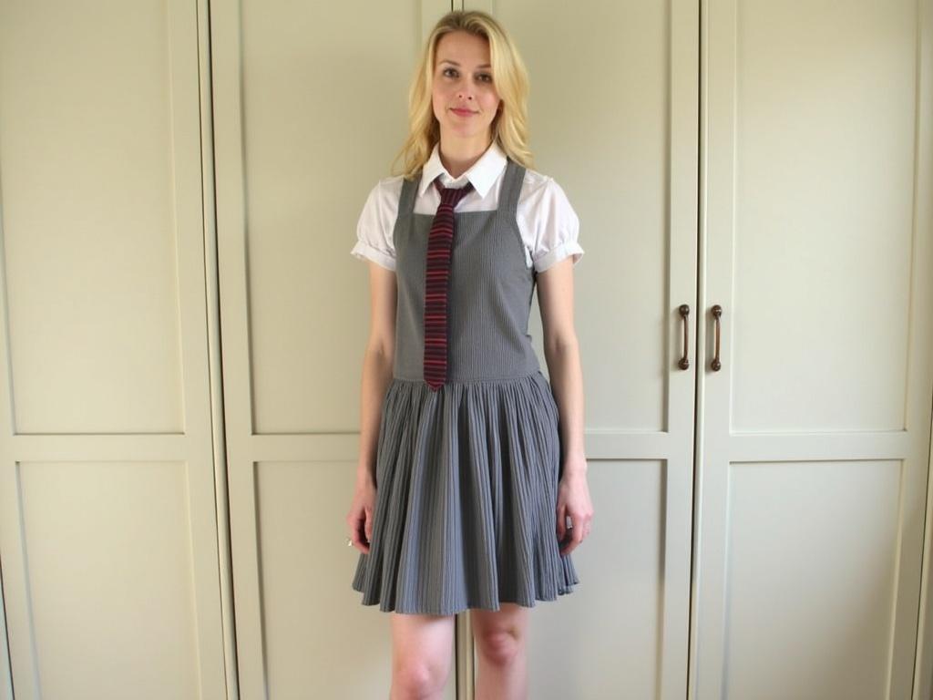 The image features a person of ambiguous gender with light blonde hair, standing in front of a light-colored wardrobe. The individual is wearing a gray pleated dress with a white collared shirt underneath and a matching tie that has red and dark stripes. They have a casual pose, with both arms hanging at their sides. The lighting is soft and natural, illuminating the entire scene evenly. Notably, they wear ankle-length white socks with lace trim and black Mary Jane shoes.