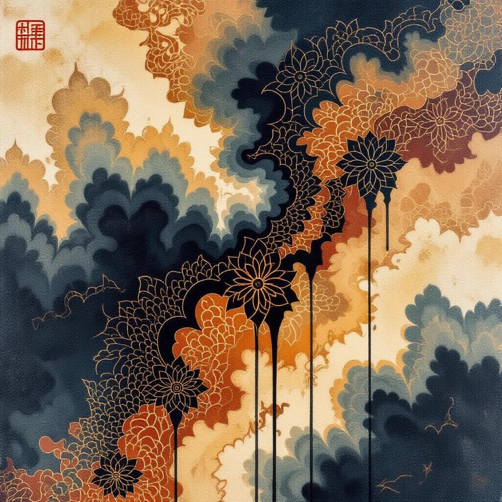 Close-up of a Batik panel showcasing kawung and parang symbols. Intricate designs blend into flowing ink. The colors are muted earth tones mixed with dark gradients. Sharp details reveal paper fiber textures.