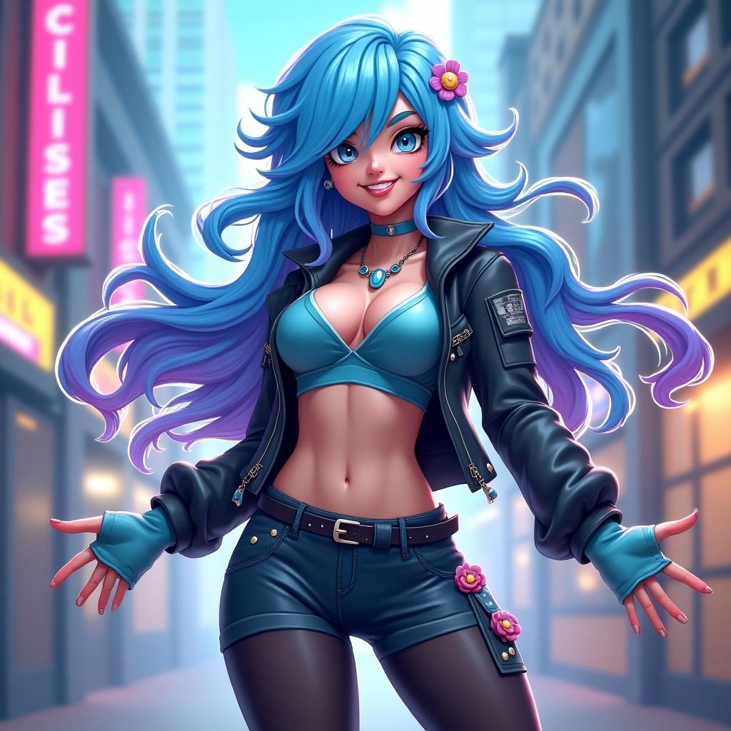 Anime character with blue hair wearing a stylish outfit. Standing in a city street background with neon signs. Showcasing a confident pose.