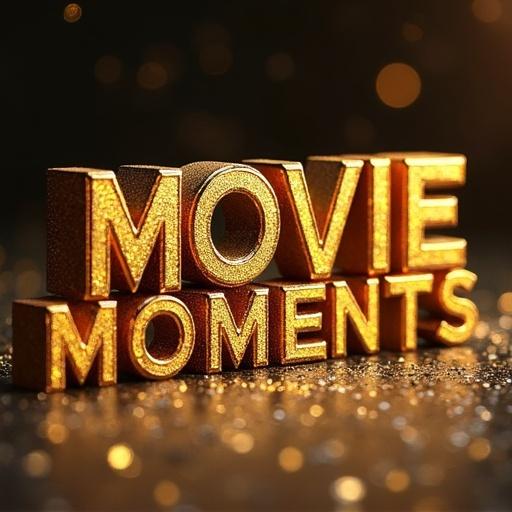 3D golden text displaying words MOVIE MOMENTS. Ornate design features a sparkling background. Luxurious effect highlights intricate details. Letters placed on a flat surface.