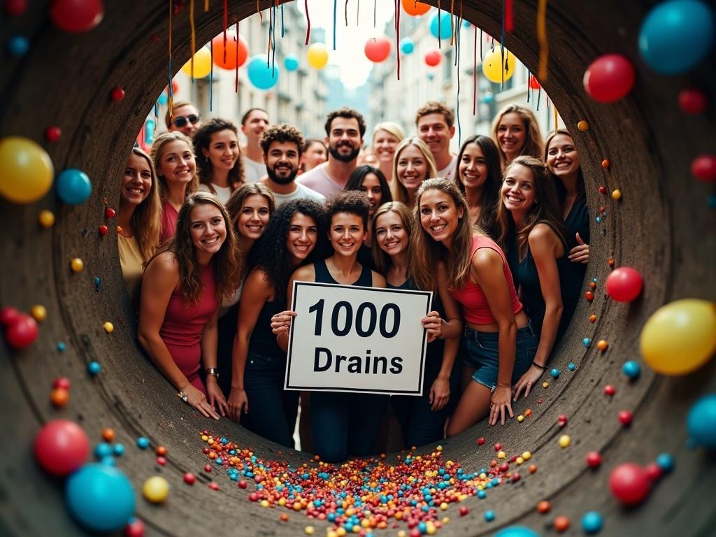 A lively group of young adults gathered around a large drainage pipe. They are all smiling and posing joyfully, creating a fun and festive atmosphere. The pipe is adorned with colorful balloons and confetti. A prominent sign in the center reads '1000 Drains', suggesting a theme or purpose for their gathering. The image captures the essence of celebration, community spirit, and creativity while drawing attention to the significance of drains, possibly in a playful manner. Everyone in the group appears to be enjoying the moment, making it an inviting scene for viewers.