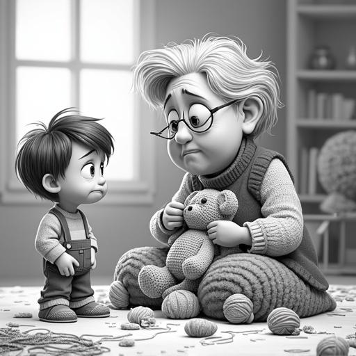 An elderly animated grandmother stitches a patch on a crochet teddy bear while a child watches with a worried look. The teddy bear has a bandage around its head. Various balls of yarn are scattered around. Black and white, Pixar-style, highly detailed.