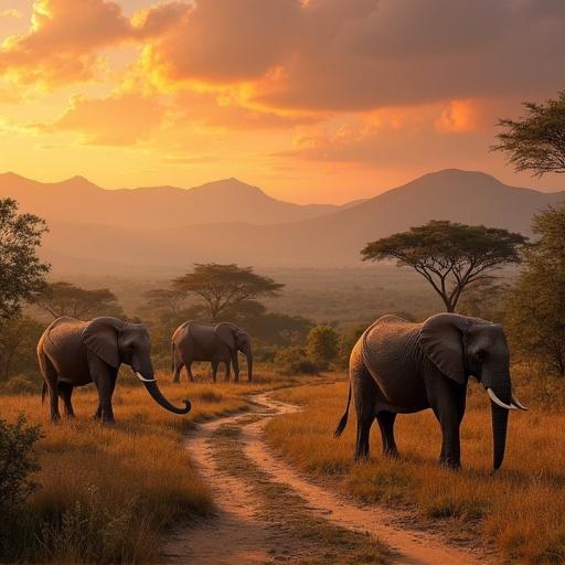 Elephants walking along a winding path in a sunset-lit landscape. Diverse trees and rolling hills in the background enhance the scene. Warm colors dominate the atmosphere.