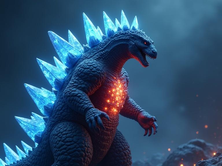 Dark blue space-themed Godzilla figure with glowing crystal dorsal spines and small crystals growing out of the body. It features a glowing red-orange transparent belly with realistic textures and dramatic shadows. The composition emphasizes the monster's imposing presence in a sci-fi environment.