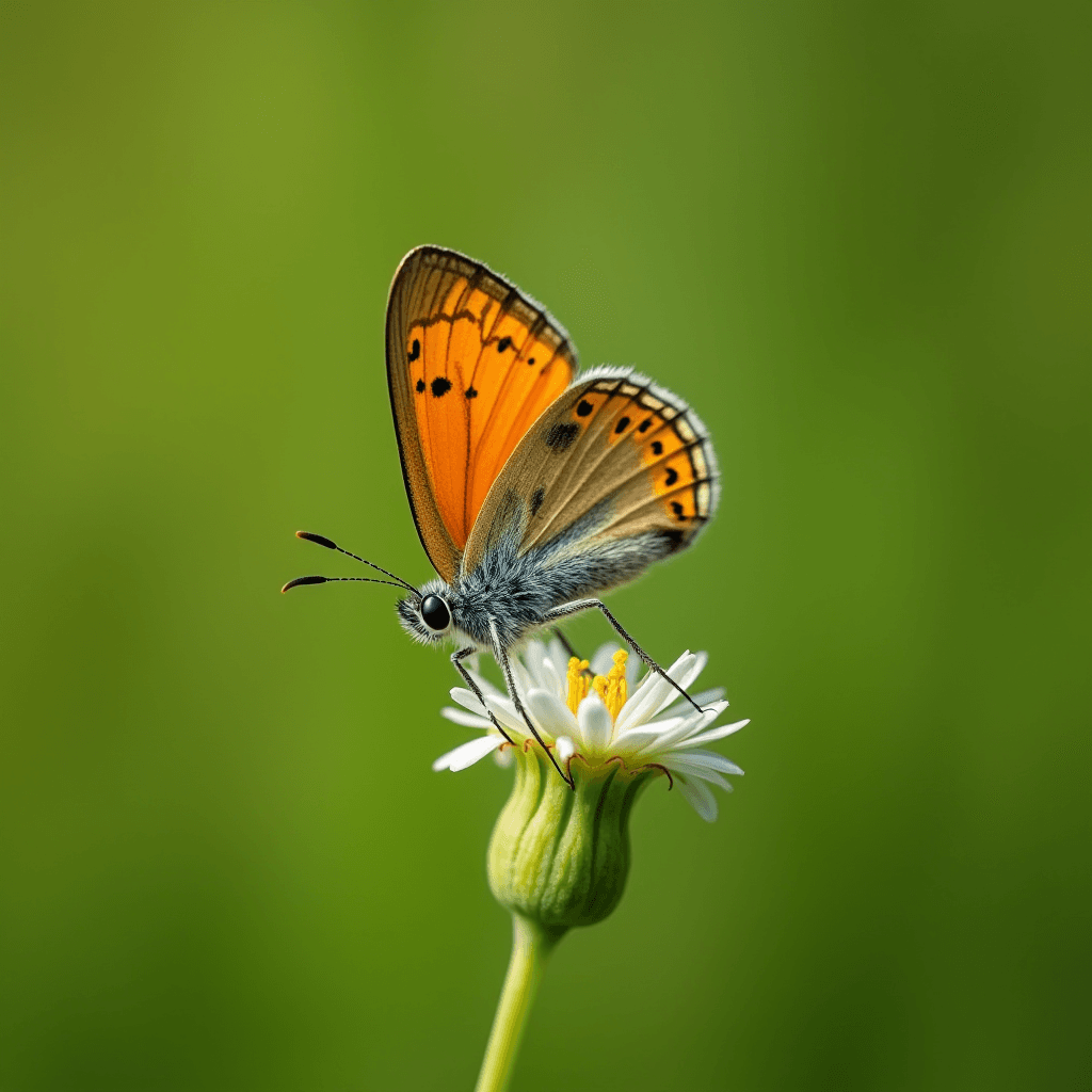 A vibrant butterfly delicately perched on a small flower against a soft green background.