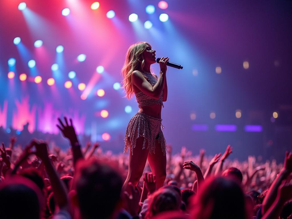 A pop singer performing at a concert with colorful stage lighting and a captivated audience.