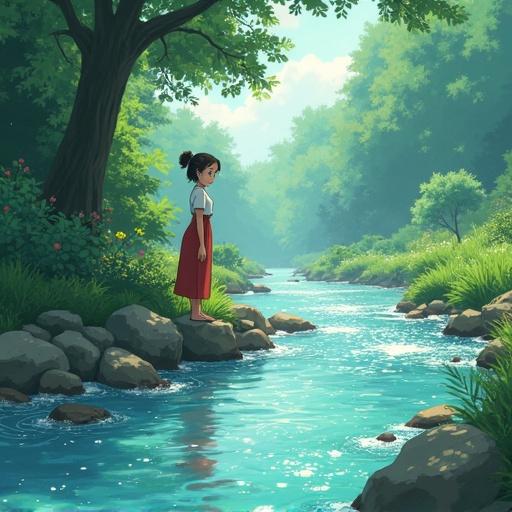 Ghibli style illustration shows a girl at a sparkling stream. She tosses a pebble into the water, smiling. Lush greenery surrounds her in a peaceful landscape.