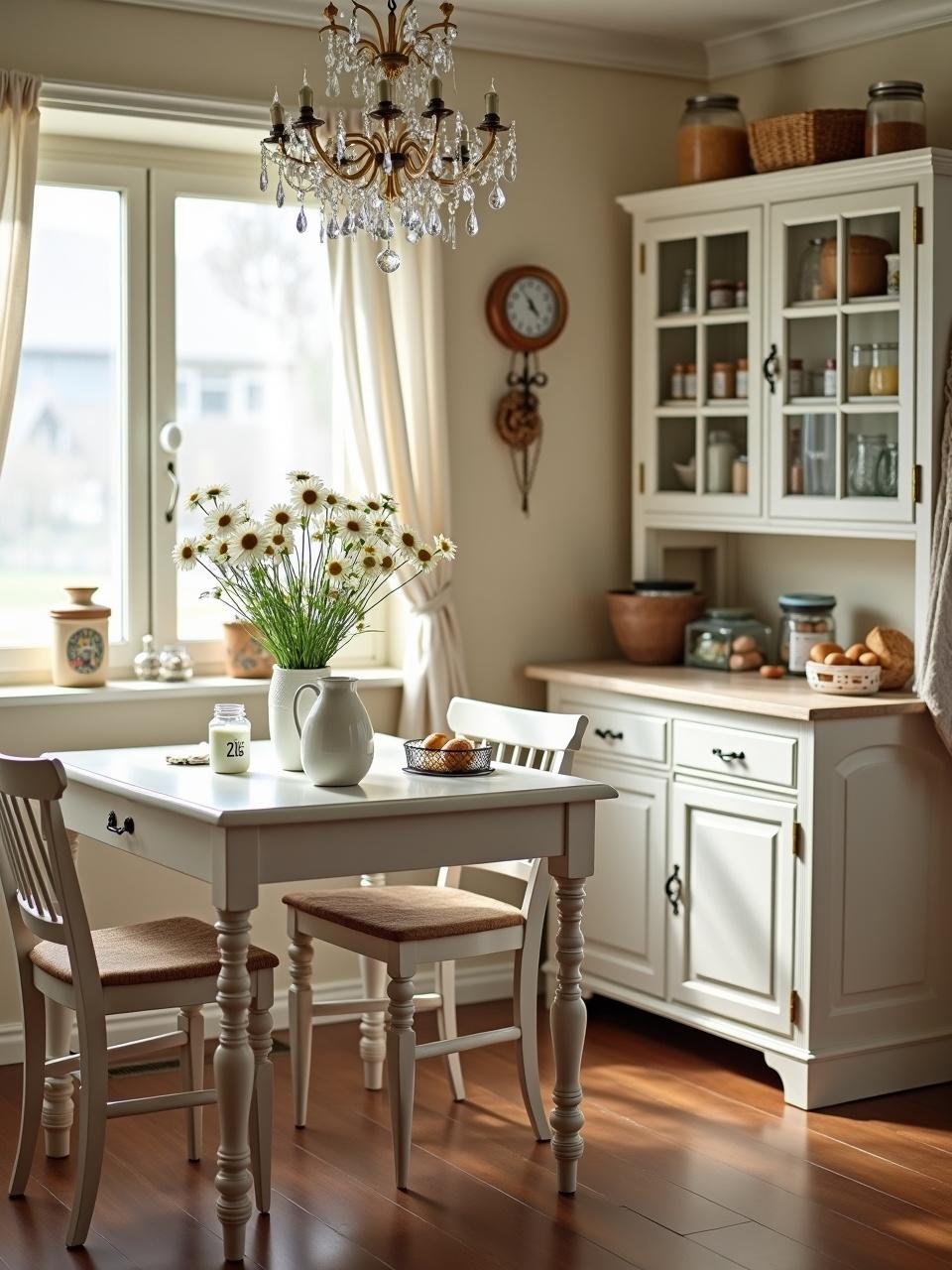 Cozy vintage-style kitchen dining area. Features white wooden table with flowers. Includes four white chairs and a hutch. Decorated with chandelier, kitchen items, and framed pictures. Well-lit with natural light.