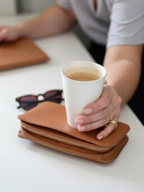 A woman's hand holds a white coffee cup with brown coffee inside. Hand is adorned with a prominent gold ring. A small brown leather handbag sits on the table. Tortoiseshell sunglasses rest beside the handbag. The setting features a white table creating a clean minimalist look.