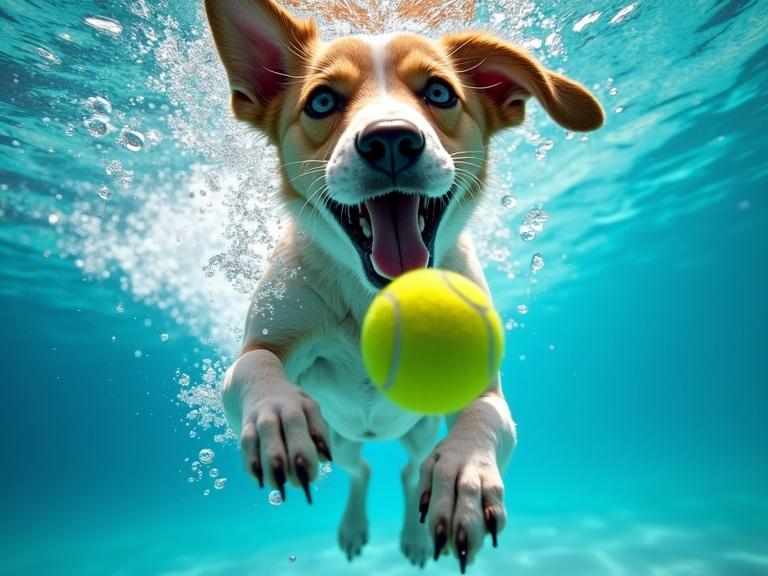 An underwater image showcasing a playful dog swimming towards a tennis ball. Dog appears excited with mouth open and eyes wide. Yellow tennis ball is being chased through vibrant blue water. Bubbles surround the scene. Sunlight beams illuminate the dog and water, creating a joyful atmosphere.