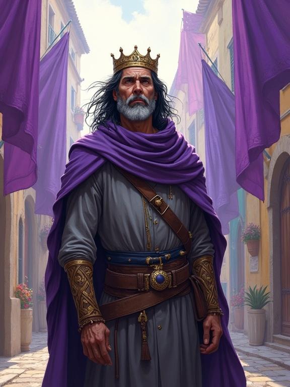 Portrait of a man with black hair and gray streaks wearing a simple crown and travelers clothes. Expression of determination and exhaustion. Standing in a colorful alley with purple banners in the wind. Digital art with semirealistic and soft brush style. Medieval theme with thick outlines and fantasy elements. Background fades to watercolor splashes.