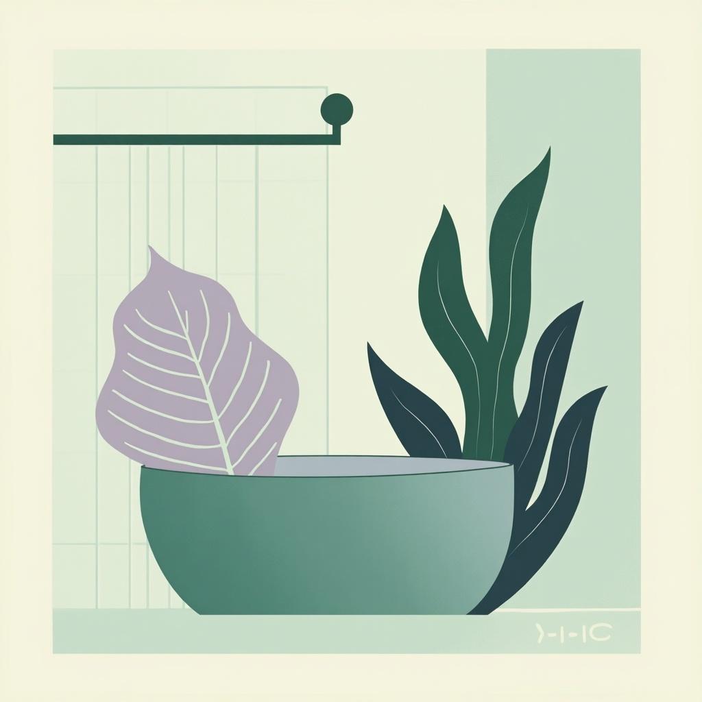 This image showcases a minimalist art depiction of plants in a pot, using a green and purple color scheme. The composition includes a large purple leaf and several green leaves, all situated in a simple bowl-shaped pot. The background features a subtle design that emphasizes simplicity and elegance. The overall aesthetic evokes a calm and serene atmosphere suitable for home decor. Ideal for those looking to enhance their space with a touch of nature and modern style.