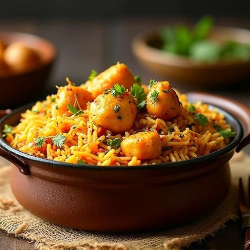Delicious paneer dum biryani served in a traditional clay pot filled with basmati rice garnished with coriander. Appealing close-up shot of vibrant colors and textures. Perfectly cooked paneer dum is visible. Warm, inviting atmosphere created by natural light.