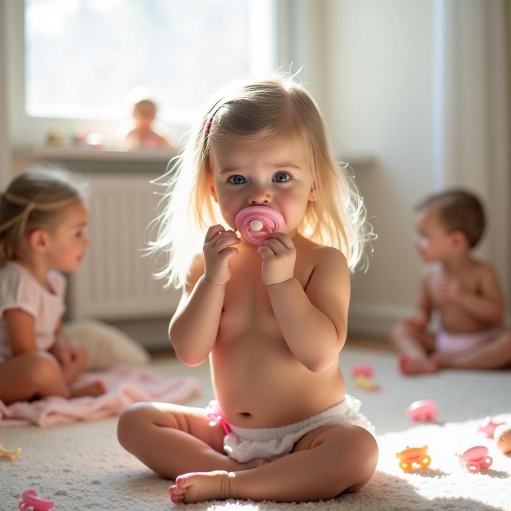 A cute little girl with long blonde hair is playing on the floor with her friends. She's wearing a white and pink nappy and has a pink pacifier in her mouth. The natural light coming from the window brightens the room, creating a cozy feel. Other toddlers are scattered around, enjoying playtime with dolls and toys. The girl is taking her pacifier out to show the rubber teat, looking delighted and playful. All around, there are soft colors and a warm atmosphere, capturing a joyous moment in early childhood.