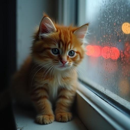 Extreme close-up of fluffy ginger kitten on windowsill. Kitten looks directly at viewer. Heavy rain visible through window. Bokeh city lights in background. Cinematic lighting. Hyper-detailed fur. Melancholic mood. Shot with Hasselblad H6D.