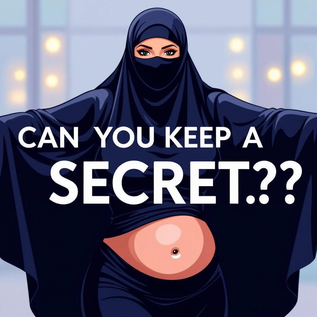 Illustration of a figure in a dark, form-fitting outfit covering the entire body. The garment resembles traditional niqab or burqa. The background shows a blurred indoor space with soft lighting. The text says CAN YOU KEEP A SECRET?? The figure has large breasts, a rounded abdomen, and wide hips. The outfit's fabric is glossy and tight-fitting.
