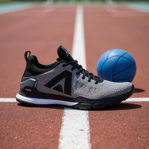 Black and white sports shoes on a brown runway with a blue basketball. Prominent black X logo on the shoe side. White markings on the court are visible. Natural light emphasizes the shoe's texture. Simple sports equipment design against geometric court lines.