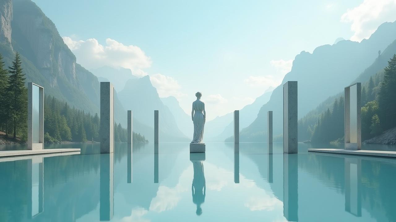 The image depicts a serene landscape featuring a classical statue on a pedestal surrounded by calm water. Tall, smooth pillars rise from the water, creating a modern architectural feel. The distant mountains and lush trees contribute to the natural beauty of the scene. Soft light illuminates the area, evoking a tranquil and peaceful atmosphere. The reflections in the water amplify the serene quality of the image, making it visually striking and artistic.