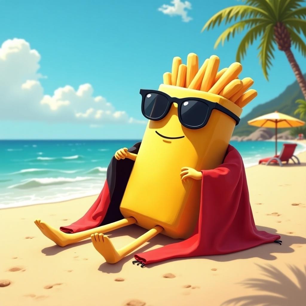 A French fry character relaxed on a beach with sunglasses. The character wears a Belgian flag cloth. Bright sunlight and ocean in the background. Tropical palm trees visible.