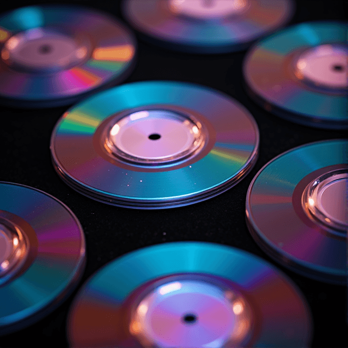 A collection of colorful, shiny discs arranged on a dark surface.