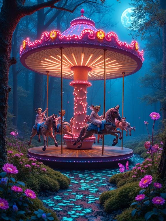 A fantasy carousel with mushroom seats and fantastic creatures. Illuminated by soft moonlight through fluorescent trees. Luminous moss covers the ground, leaving glowing footprints. Butterflies flutter around, creating trails of glittering dust.