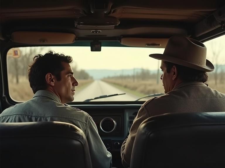 Image portrays two men sitting in a jeep while talking. One man appears older and the other younger with a rough appearance. Background shows an empty road under natural lighting. Image styled with a charcoal technique reminiscent of the 1980s.