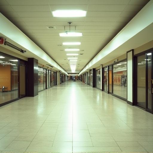 Empty mall corridor from early 2000s captured with low-resolution digital camera. Bland sterile environment with dull off-white floor tiles and harsh fluorescent lights. Space evokes a quiet abandoned feeling. Image has visual style of 2001 consumer digital camera with muted colors and soft focus.