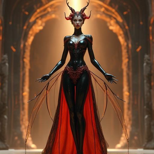 Imaginary ant queen character with human-like features. Portray elegance and grace. Highlight black and ruby-red chitin covering. Include delicate human-like arms with insect legs. Show long segmented abdomen and translucent wings. Set in underground palace with glowing crystals. Use soft lighting to evoke reverence.