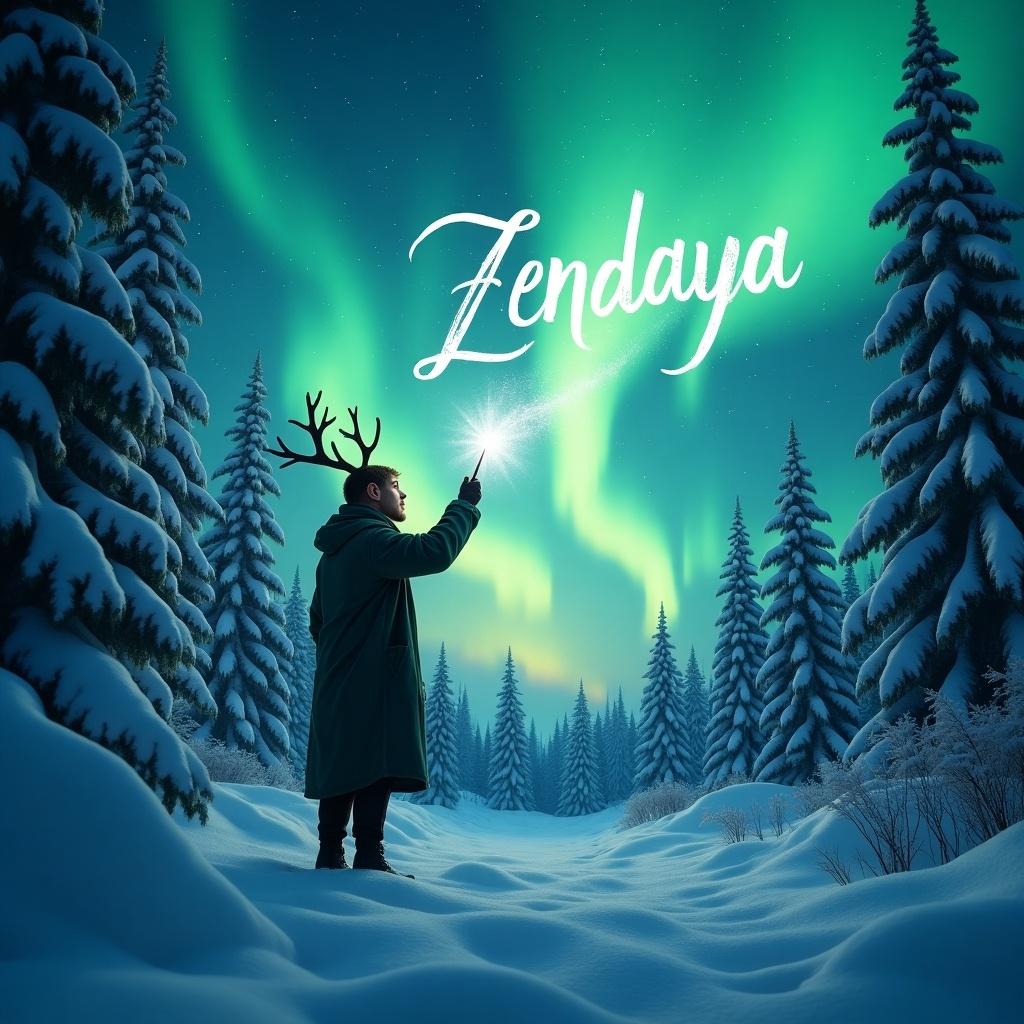 A mystical scene depicts an elf standing in a snow-covered forest. The vibrant northern lights illuminate the sky in shades of green and blue. The elf, adorned with antlers, gazes in awe at the spectacle above. Snow-laden trees surround him, creating a serene winter wonderland. Using a magic wand, the elf elegantly writes the name 'Zendaya' in the air, enhancing the magical atmosphere. The atmosphere feels enchanting and festive, capturing the spirit of winter magic.