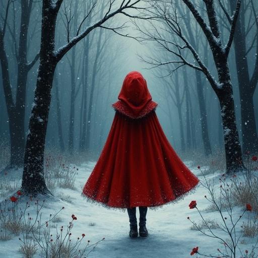 A girl wearing a red cloak stands in a snowy forest. Trees surround the path. The atmosphere is dark and mystical. Snowflakes are gently falling. The girl's head is turned, revealing blue eyes.
