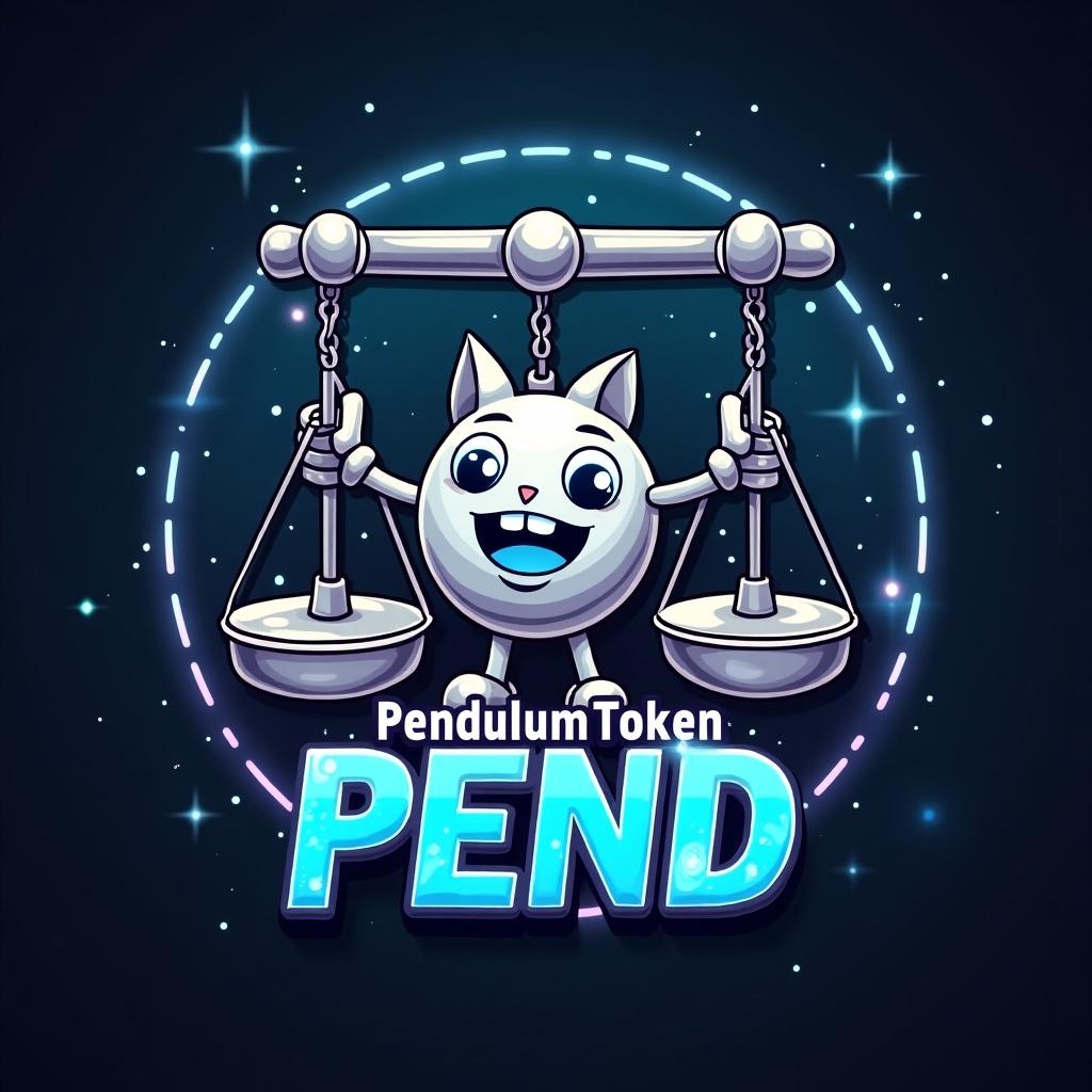 Creative logo for PendulumToken. Design features cartoon-style pendulum. Colors in glowing metallic tones, mainly silver and blue. Includes playful mascot resembling a pendulum face. Background has a mix of light and dark tones. Text 'PendulumToken' and 'PEND' in bold, futuristic font.