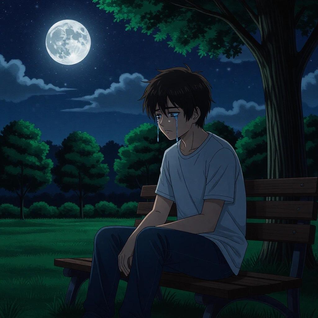 Manga style art featuring a sad boy sitting on a bench in a park at night. Tears in his eyes. Stoic face looking at the moon.