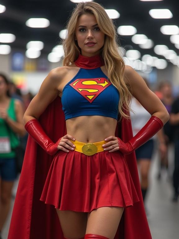 Full body superhero costume at a comic convention. Woman wearing a crop top and a mini pleated skirt. Bright red cape and accessories. Confident pose.