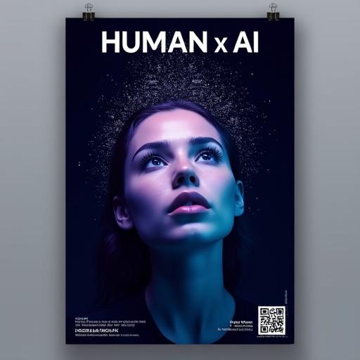 A2 poster designed with dark blue-purple background. Close-up of a woman's face shows curiosity. Light particles dynamically flow behind her towards the event logo 'HUMAN x AI'. Text is pure white in futuristic sans-serif. QR code on bottom right links to the website with event date and location. Poster features clear focus ample negative space modern classy visual.