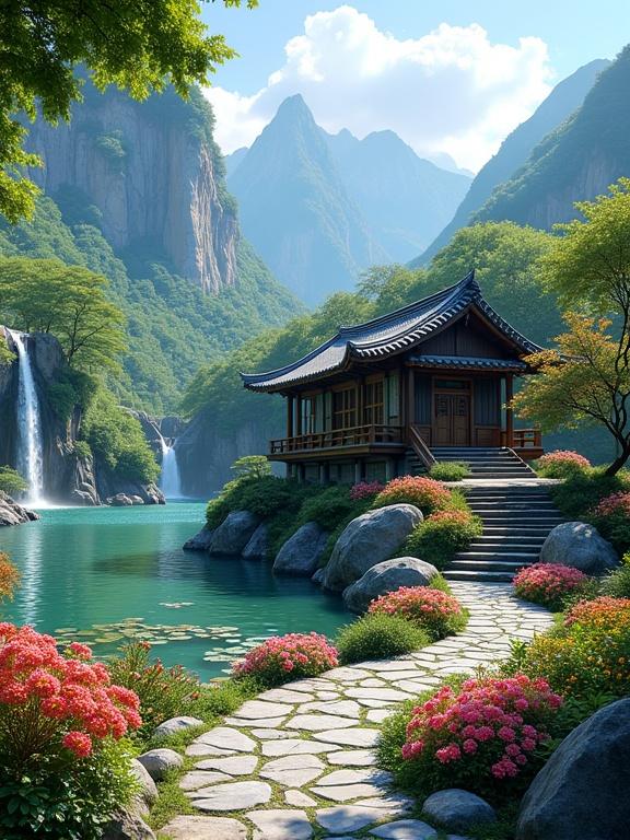 The image depicts a landscape with a traditional-style house near a waterfall and lake. The house has a steeply pitched roof and is surrounded by lush greenery. A waterfall cascades into a clear lake. Large boulders and bright flowers add to the scene. A winding stone path leads through the garden. Majestic mountains rise in the background. The sky is bright blue with clouds.