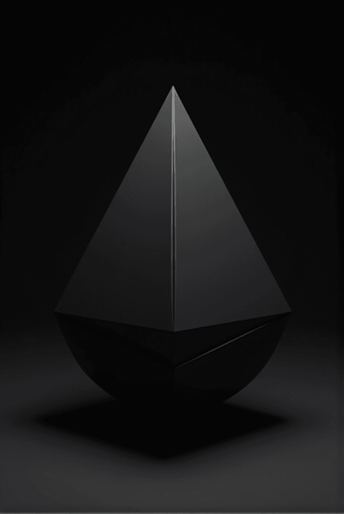 A dark, faceted geometric shape stands against a shadowy background.