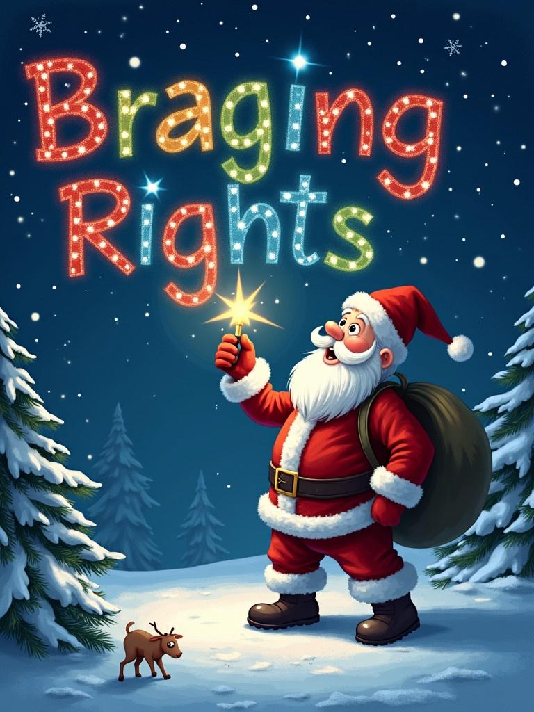 A Christmas scene with Santa Claus writing' Bragging Rights' in colorful letters in the night sky. Santa has a glowing pen and looks up at the letters. Snow covers the ground. A magical atmosphere with twinkling stars.