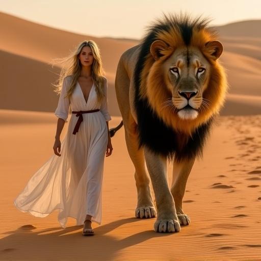A woman in a white dress walks with a giant male lion in a desert. The warm light highlights their features. The lion is as big as an elephant with a dark mane. The setting has sand dunes and a serene atmosphere. The woman has blonde hair blowing in the wind and appears calm.