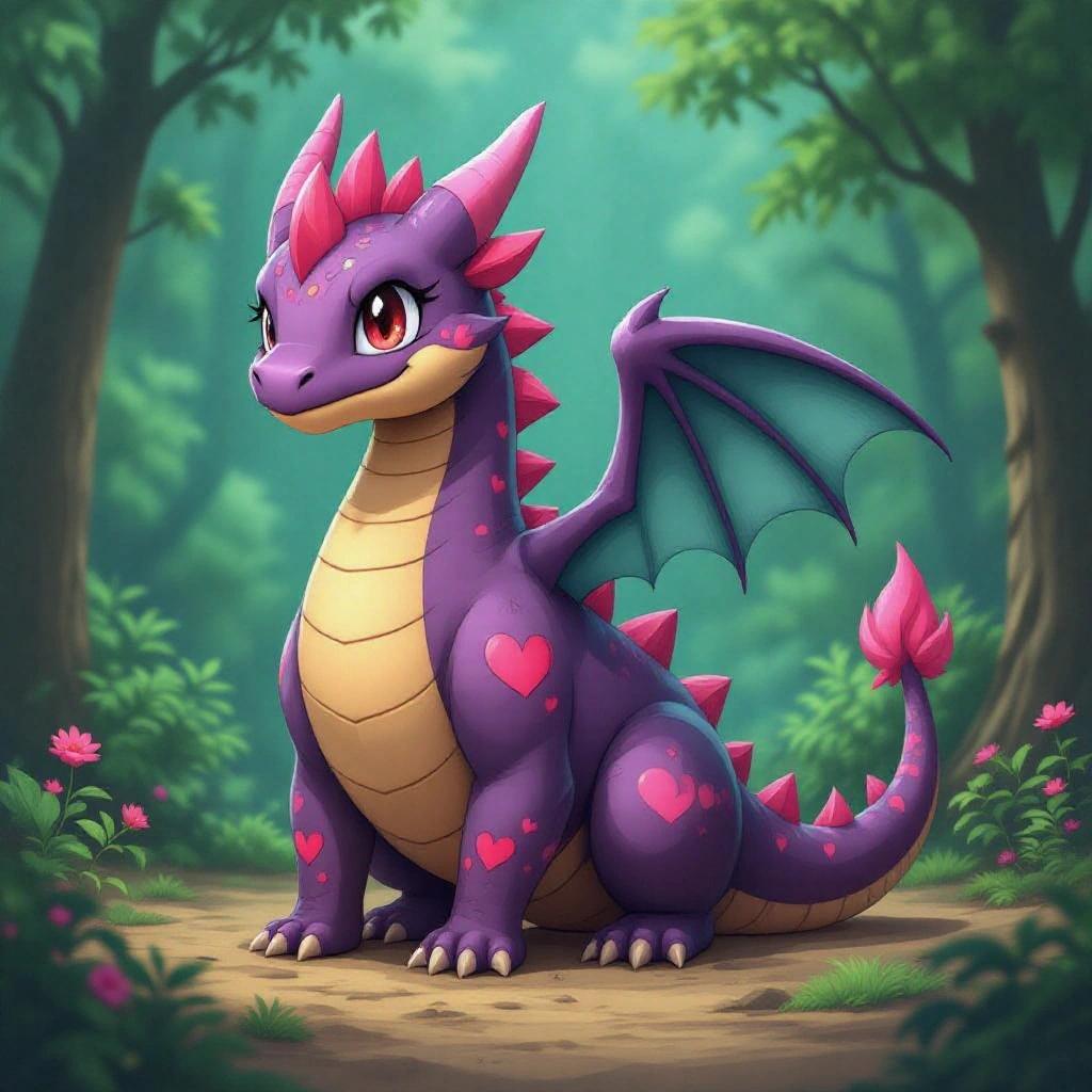Generate a highly detailed and colorful image of a purple dragon featuring pink hearts and cyan wings. Depict five distinct evolution stages of the dragon in a fantasy style. Include a vibrant, nature-themed background that relates to the character.