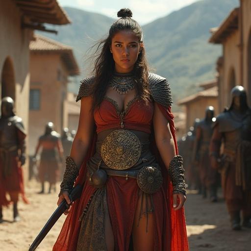 Create a fierce warrior in a mythical setting with an ancient backdrop and dramatic lighting. She is wearing a detailed costume with armor, holding a sword, and surrounded by soldiers.