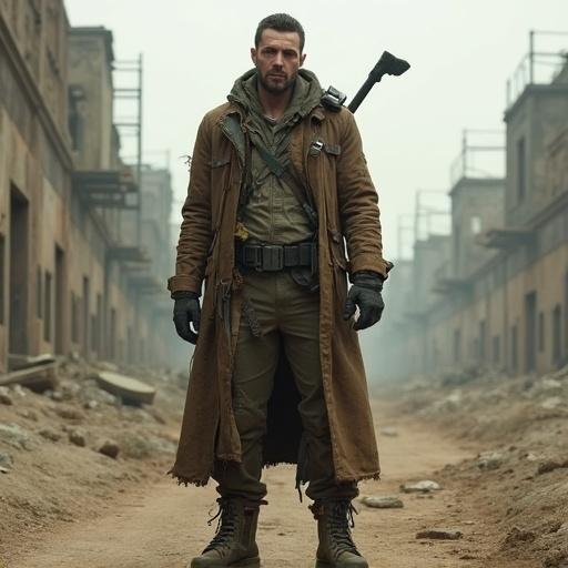 A gritty post-apocalyptic male survivor stands in a desolate wasteland. He wears layered scavenger clothing made of patched leather and torn fabric. A long weathered duster coat or military jacket is included. His face shows scars and stubble. No handheld weapons; features subtle built-in defenses. Rugged boots and utility belts reflect experience. The lighting is cinematic with a moody atmosphere.