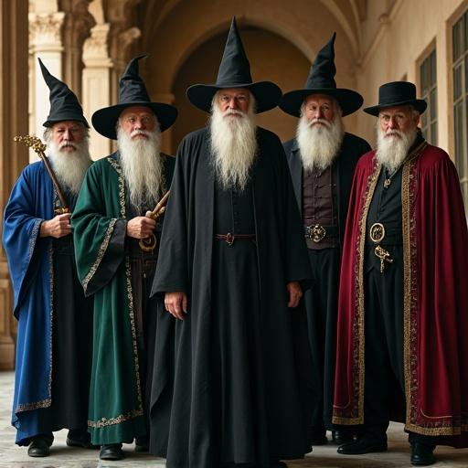 Group portrait of adult wizards from an Italian school of magic. All wear large, white, puffed shirts. Outfits vary in mood and style, from dark and minimalist to colorful and flamboyant. Some wear long, dark robes, others embellished jackets in vibrant colors. Hats vary in style. Expressions and accessories reflect their unique personalities. Scene features grand architecture of an Italian magical school.